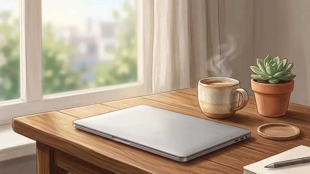 落ち着いた照明のデスクに置かれたノートパソコンとコーヒーカップ