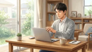 自然光が入る明るい部屋の木製デスクでノートパソコンを開く男性