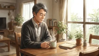 明るい光が差し込むリビングのテーブルで温かいお茶を前に穏やかな表情を浮かべる日本人男性