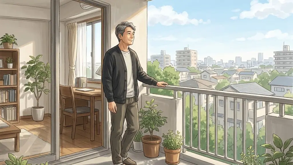 明るい日差しが注ぐベランダから穏やかな表情で遠くの街並みを眺める日本人男性