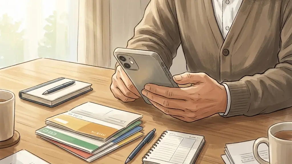 デスクでスマートフォンを操作し資産管理を行う手元