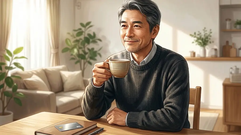 日差しの入る明るいリビングで納得した表情でお茶を飲む日本人男性
