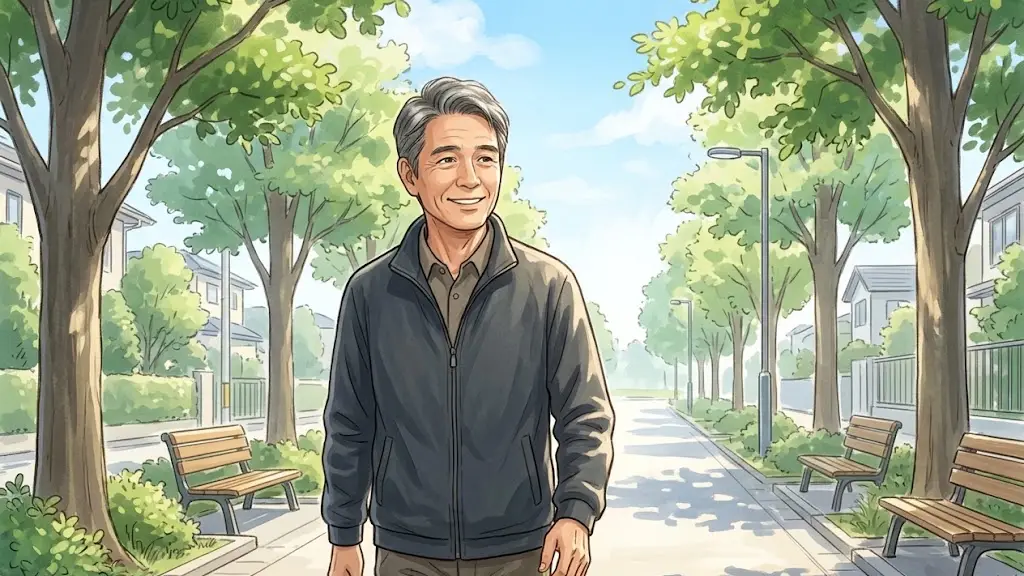 青空の下で並木道を晴れやかな表情で歩く日本人シニア男性