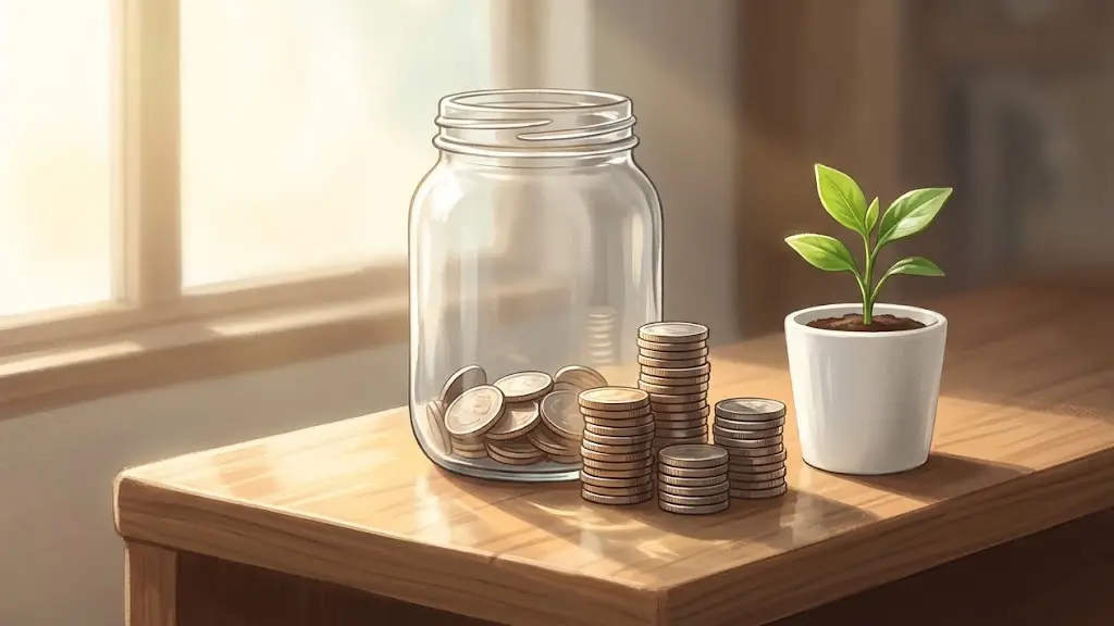 木製の棚に置かれた透明なガラスの貯金瓶と積み重なった硬貨