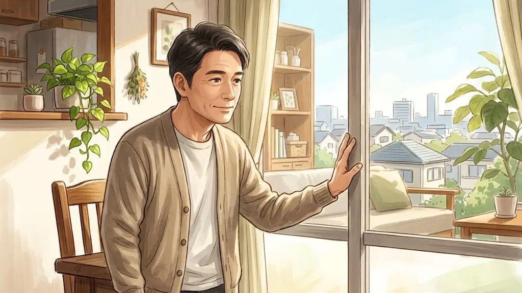 リビングの窓辺に立ち晴れやかな街並みを見つめながら前向きな表情を浮かべる中年男性