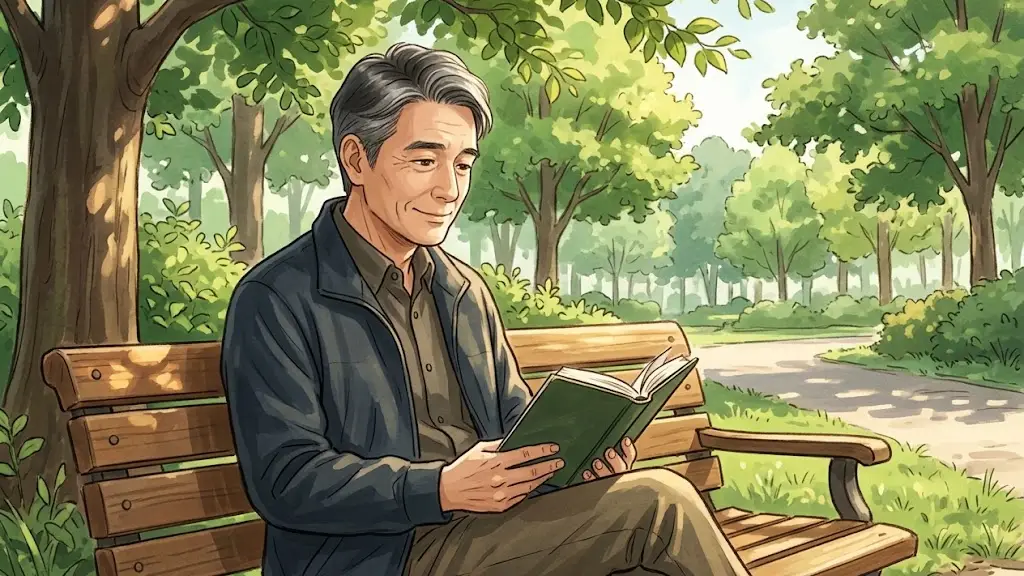 緑豊かな公園の木陰のベンチに座り穏やかな笑顔で読書を楽しむ60代の日本人男性