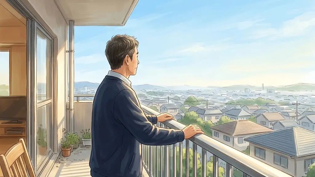 バルコニーから青空と街並みを穏やかに眺める日本人男性