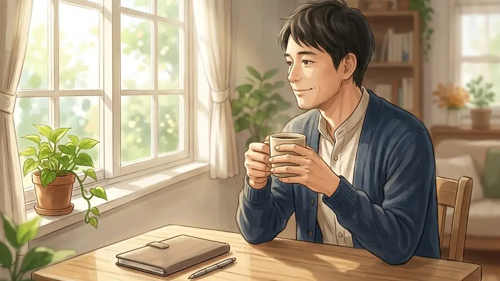 温かい光が差し込む窓際でコーヒーカップを手に穏やかな表情で一息つく日本人男性