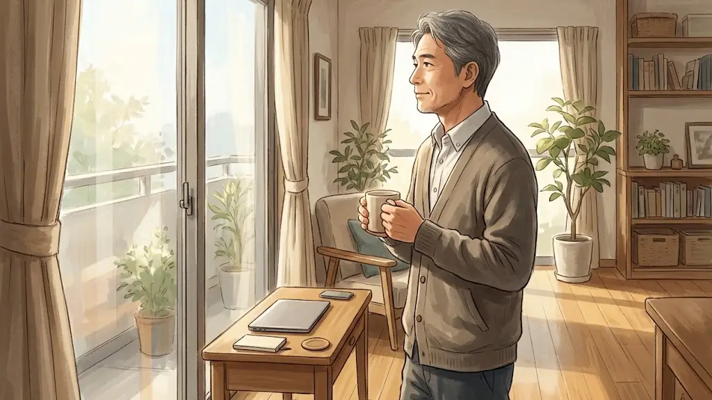 朝の光が差し込む部屋でマグカップを手に窓の外を眺める日本人男性