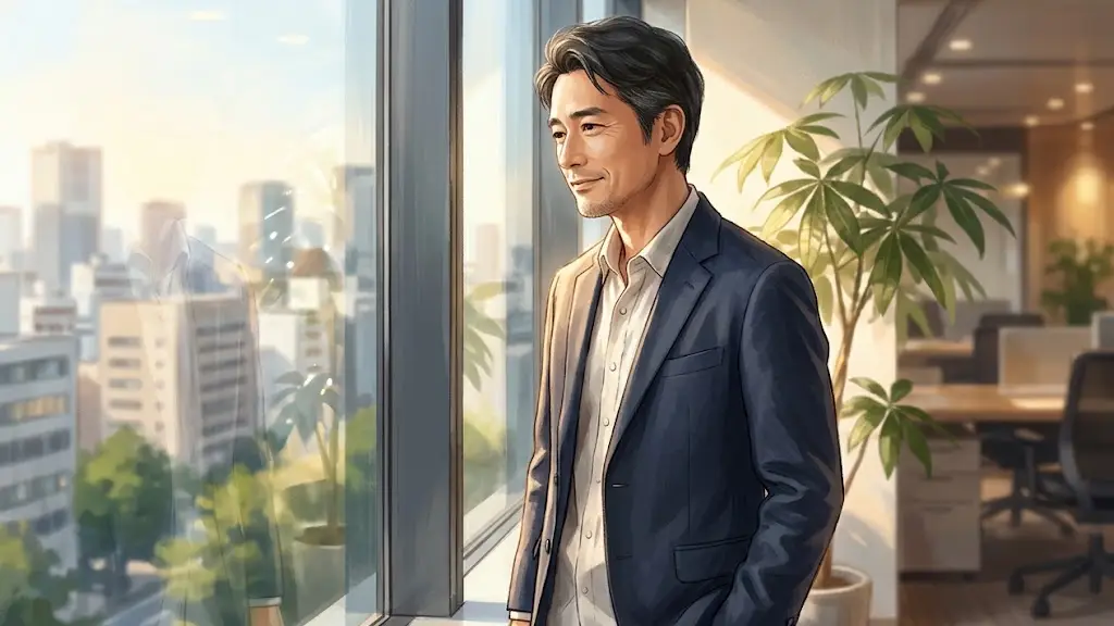 オフィスの窓辺で柔らかな日差しを浴びながら穏やかな表情で遠くを見つめる日本人男性