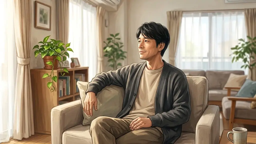 休日のリビングでソファに腰掛け窓の外の穏やかな空を眺めてくつろぐ日本人男性