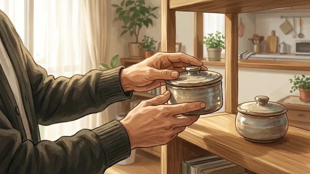 穏やかな光が差し込む棚で陶器の小箱を別の場所へゆっくりと移し替える両手