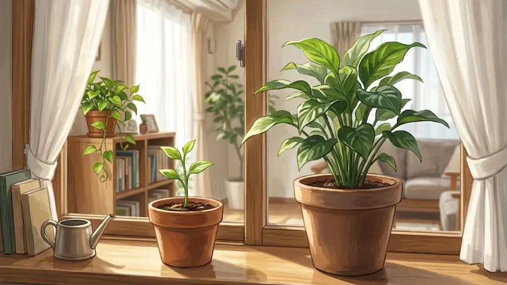 日当たりの良い窓辺の棚に並べられた小さな若木と育った観葉植物の鉢植え