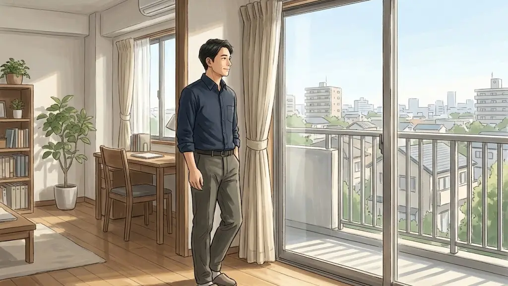 清潔で明るいマンションの部屋の窓辺から穏やかに外の街並みを眺める