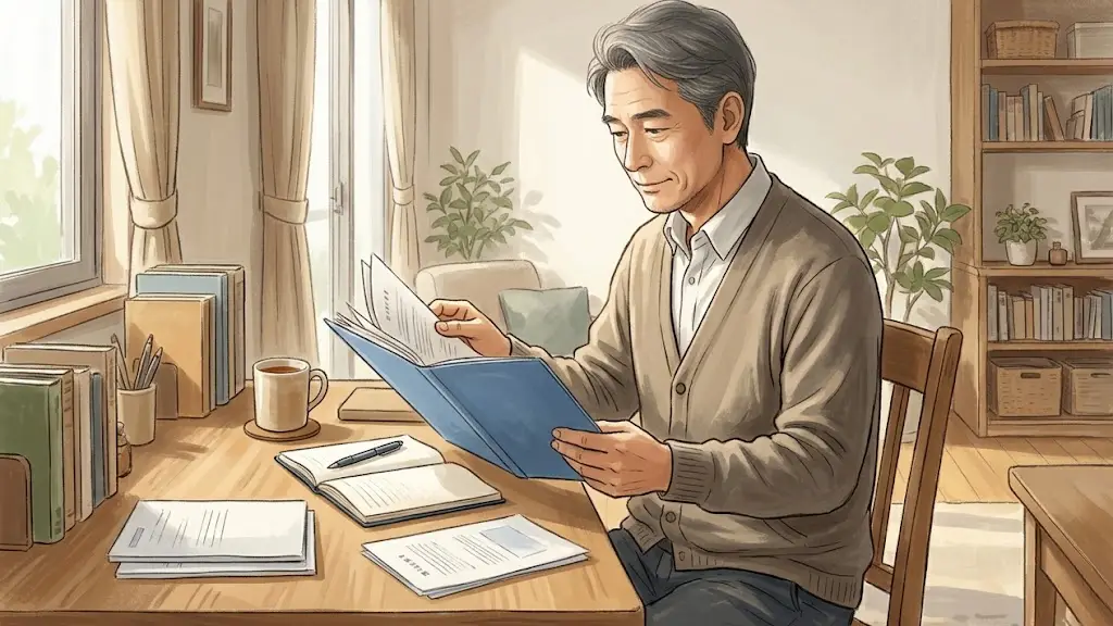 机で落ち着いた表情で書類ファイルに目を通す日本人男性