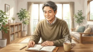 窓から自然光が差し込むリビングで手帳と温かい紅茶を前に穏やかに微笑む50代の日本人男性