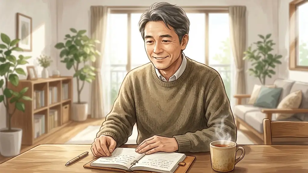 窓から自然光が差し込むリビングで手帳と温かい紅茶を前に穏やかに微笑む50代の日本人男性