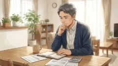 静かなリビングで電卓と手帳を広げて考えを巡らせる日本人男性