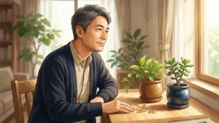 明るい日差しが入る部屋で2つの小さな鉢植えを木製デスクの上に並べて見つめる日本人男性