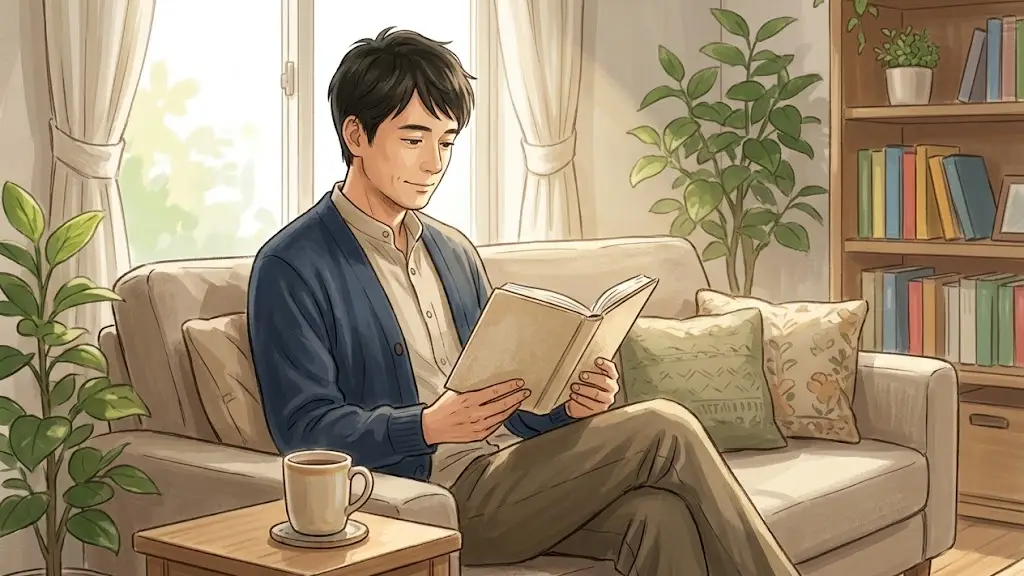 日当たりの良いリビングでソファに腰掛け穏やかに読書を楽しむ日本人男性