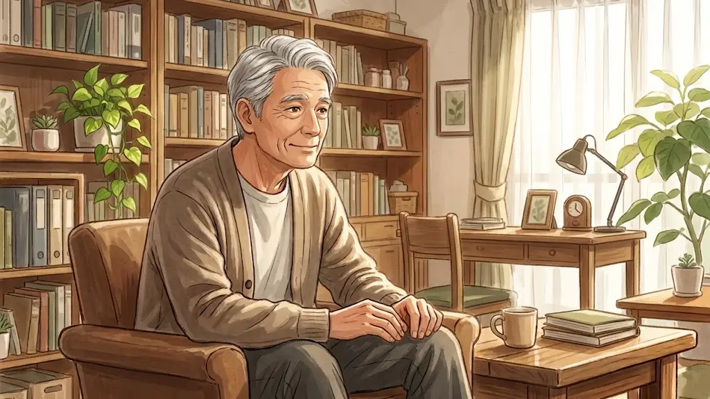 広々とした明るい書斎のアームチェアでゆったりとくつろぐ穏やかな表情の日本人高齢男性
