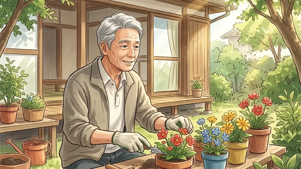 自宅の庭で鉢植えの花を手入れしながら微笑む元気な70代の日本人男性