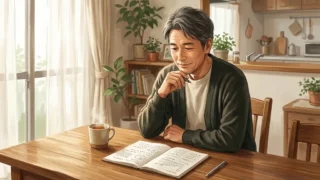 明るいリビングの木製テーブルで資金計画のメモを見つめながら落ち着いてこれからの投資戦略を考える日本人男性