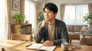 明るいリビングのテーブルで手帳を開き将来の計画について落ち着いて考えている日本人男性