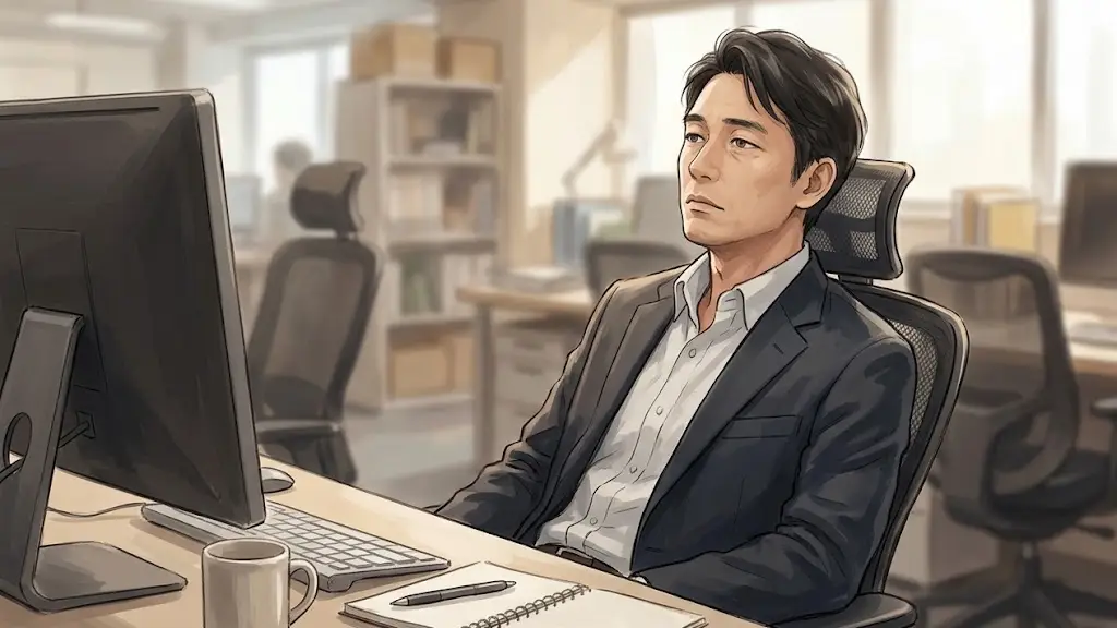 オフィスの自席で肩の力を抜いて静かに一息つく日本人男性会社員