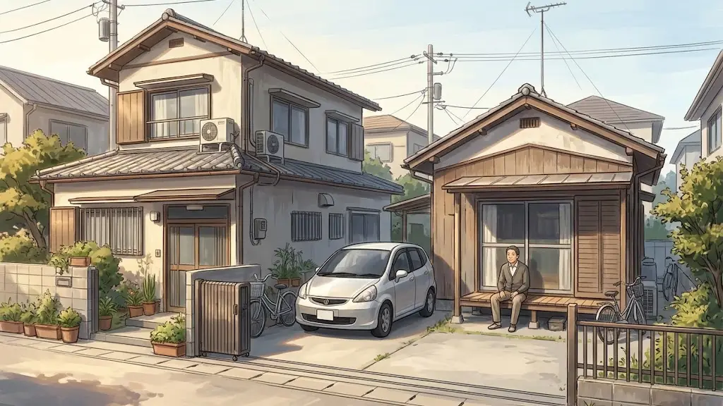 住宅街で隣り合って建つ2軒の日本家屋と駐車スペースに停まる乗用車