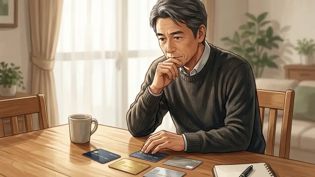 リビングのテーブルに並べられた数枚のクレジットカードを見つめて選んでいる日本人男性
