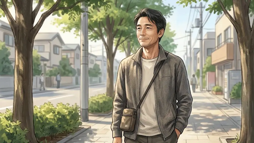 明るい日差しが差し込む歩道を穏やかな表情で歩いていく日本人男性
