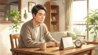 カレンダーと時計が置かれた日当たりの良いリビングの木製テーブルで落ち着いた表情を浮かべる中年男性