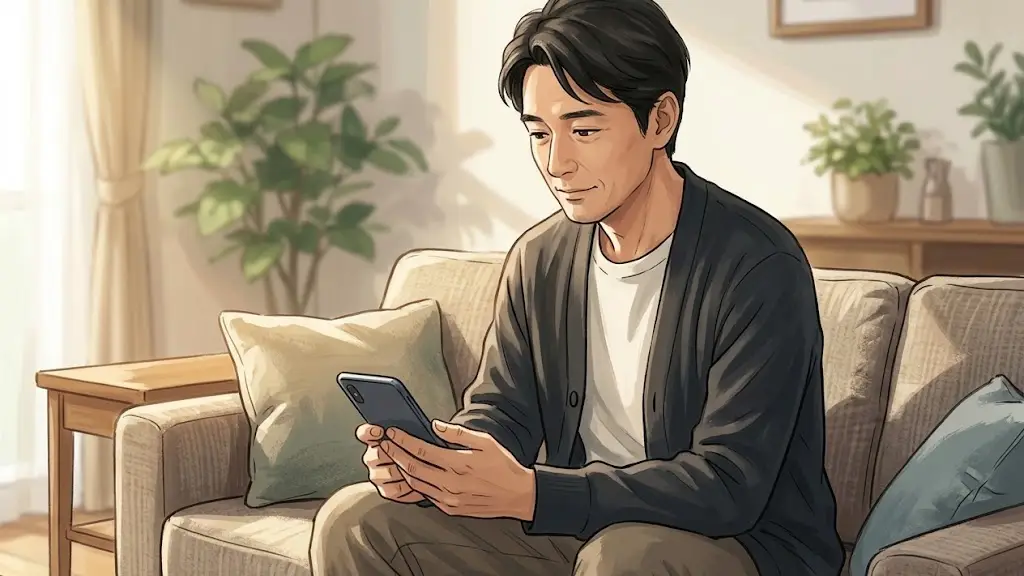 ソファに座りスマートフォンの画面に視線を落とす日本人男性