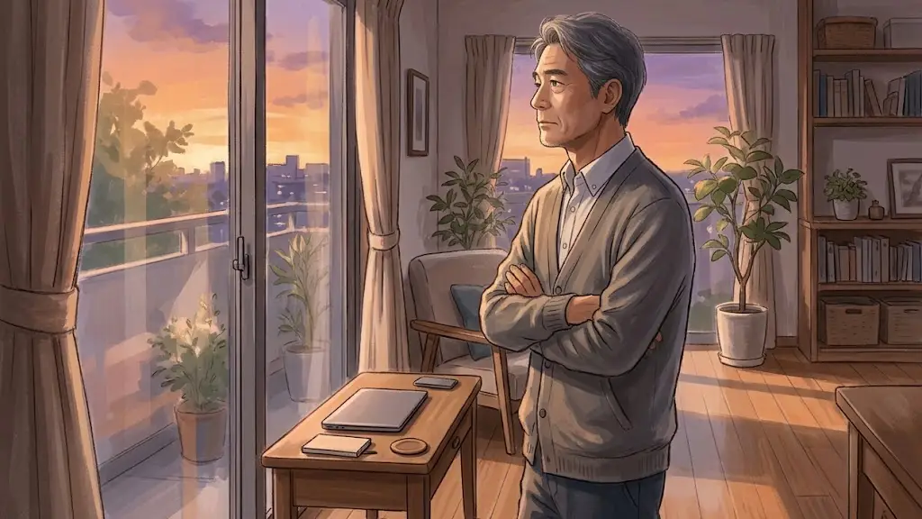 夕暮れの窓辺に立ち静かに遠くを見つめる日本人男性