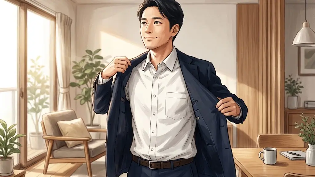 朝のやわらかな日差しが差し込む部屋でスーツの上着を脱ぎリラックスした表情を浮かべる日本人男性