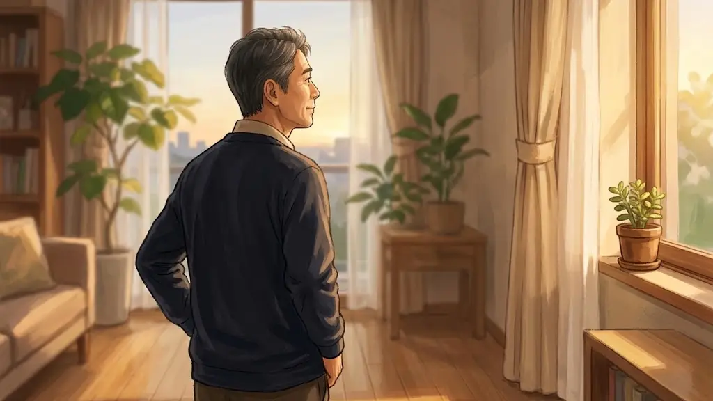 夕暮れ時の柔らかな光が差し込むリビングで遠くの景色を静かに眺める男性の後ろ姿