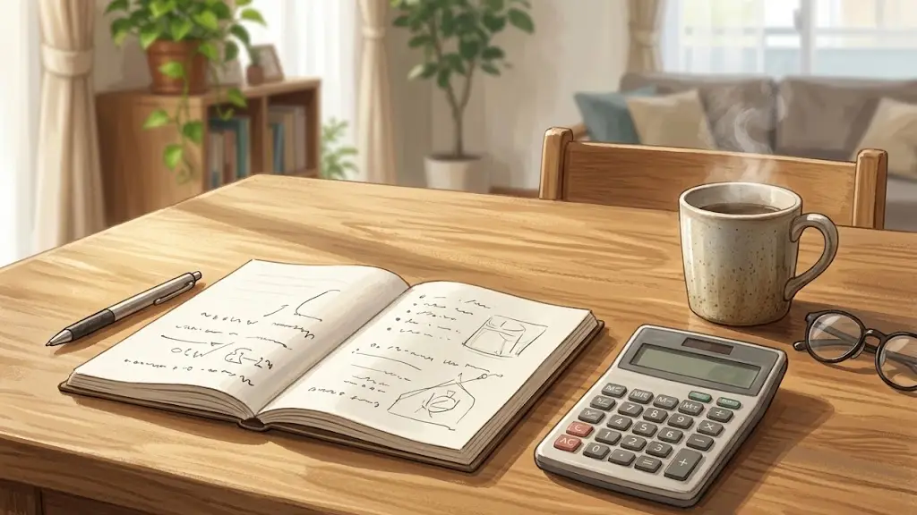 温かい日差しが差し込む木製デスクの上に置かれた電卓と手書きのノート