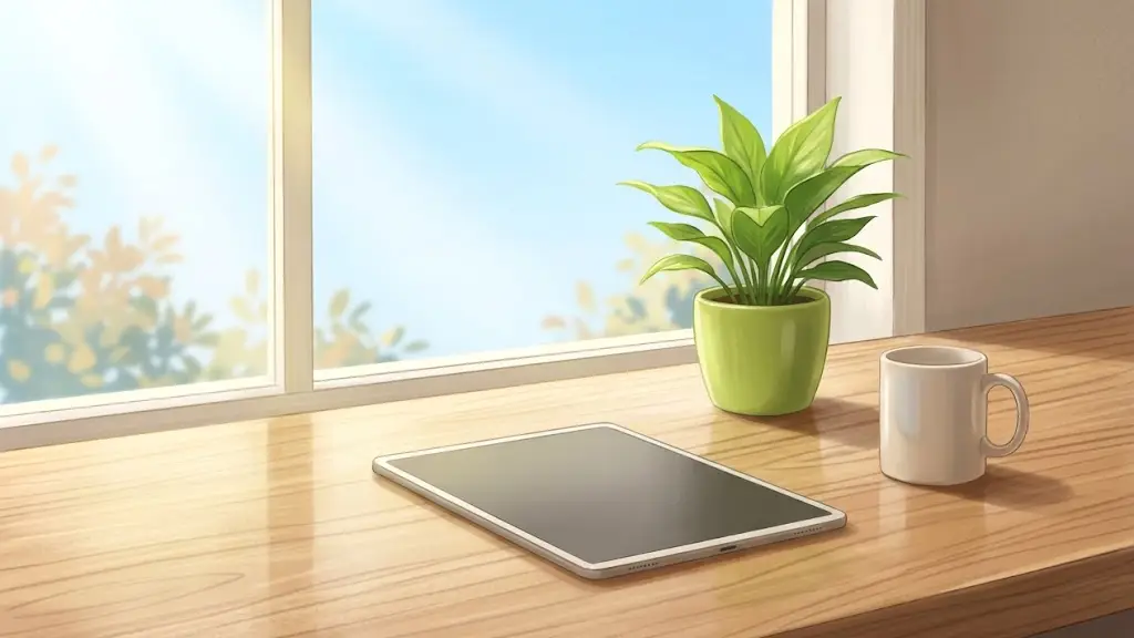 窓辺のデスクに置かれたタブレット端末と観葉植物