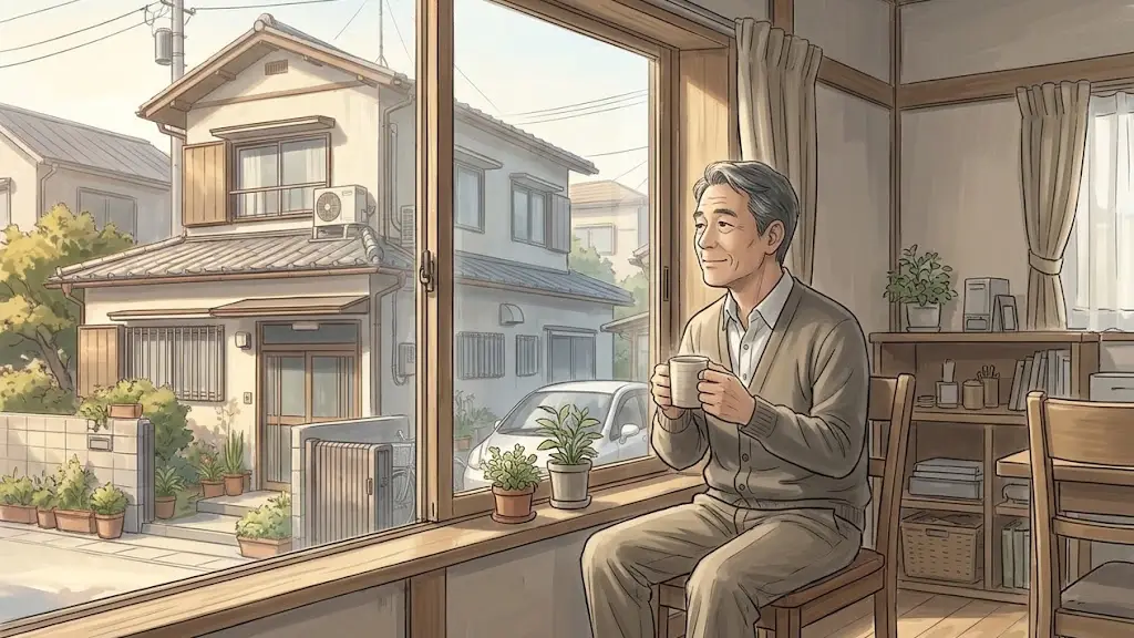 別宅のリビングで窓の外を眺めながら穏やかに過ごす男性