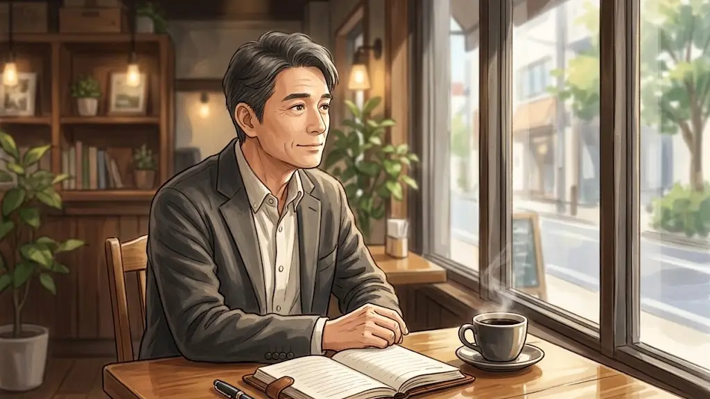 手帳と万年筆が置かれたカフェのテーブルで窓の外を穏やかに眺める男性