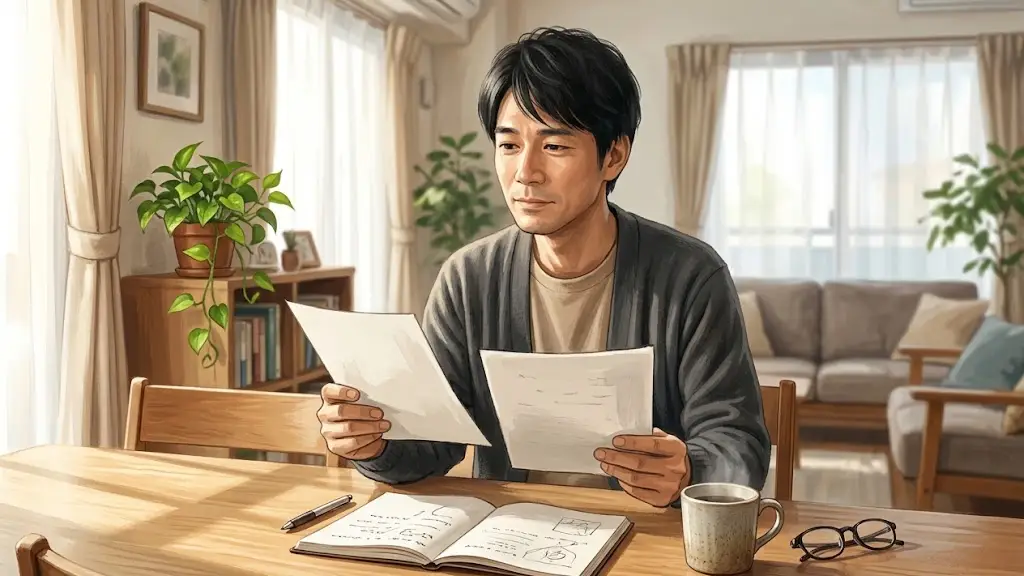 書斎のデスクで2枚の書類を見比べながらじっくりと思案する日本人男性
