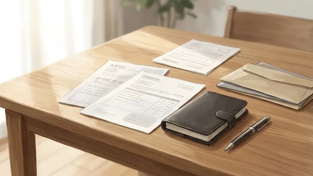 木製テーブルの上に整然と並べられた書類の控えと筆記用具