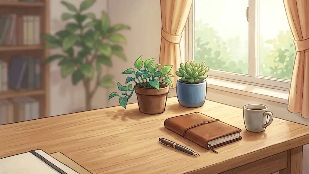 整理された木製デスクの上に並ぶ2つの小さな観葉植物と明るい窓辺