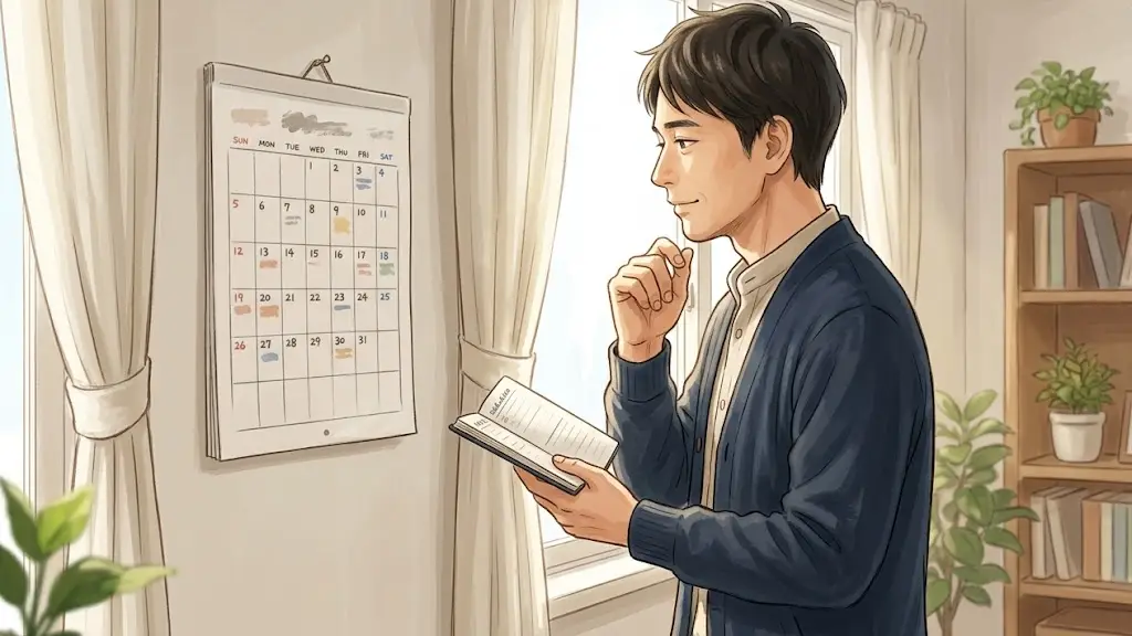 冬の柔らかな光が差し込む部屋で壁掛けカレンダーとスケジュール帳を見つめる日本人男性